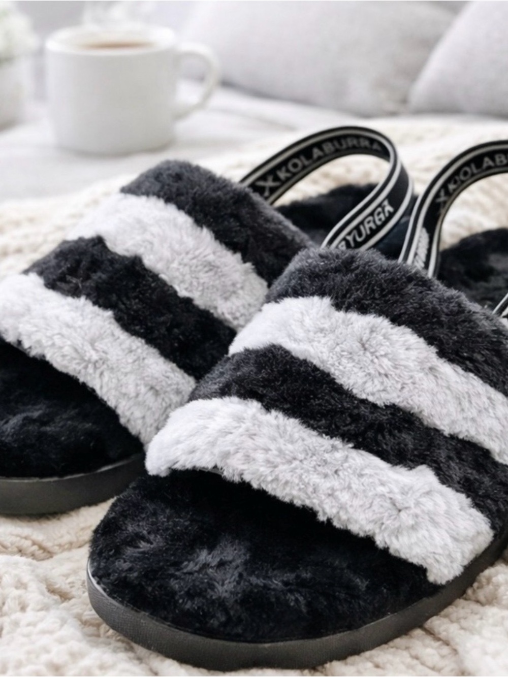 Koolaburra Black and White Fuzzy Strap Slide Sandals